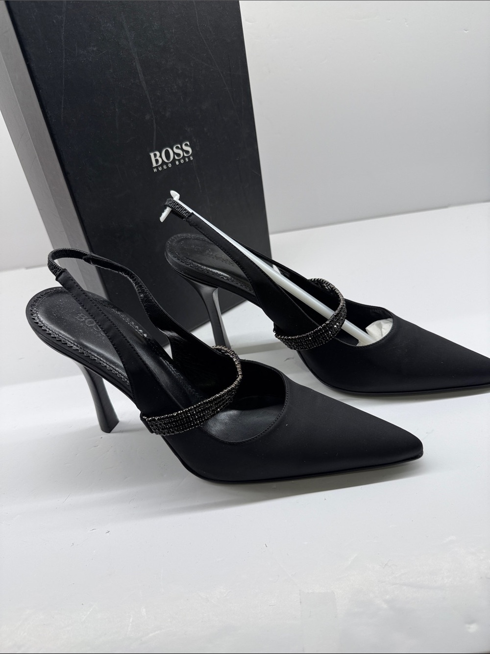 BOSS Black Pointed satin Slingback Heels with Crystal-Trim Strap